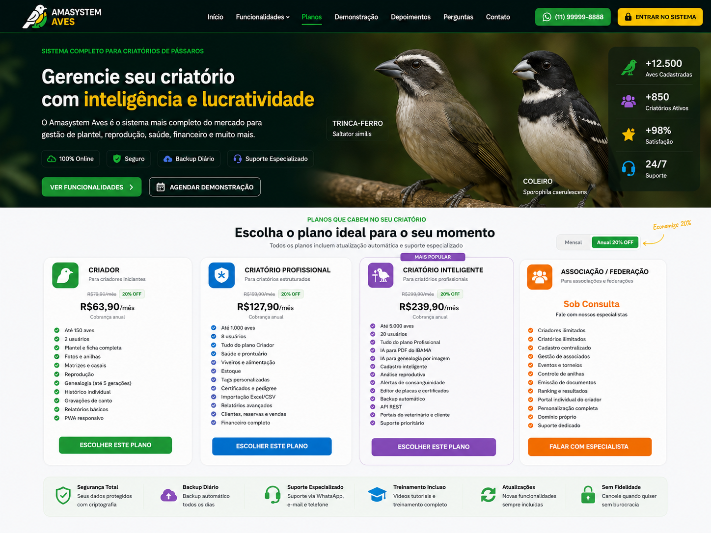Prévia do site Amasystem Aves com trinca-ferro e coleiro